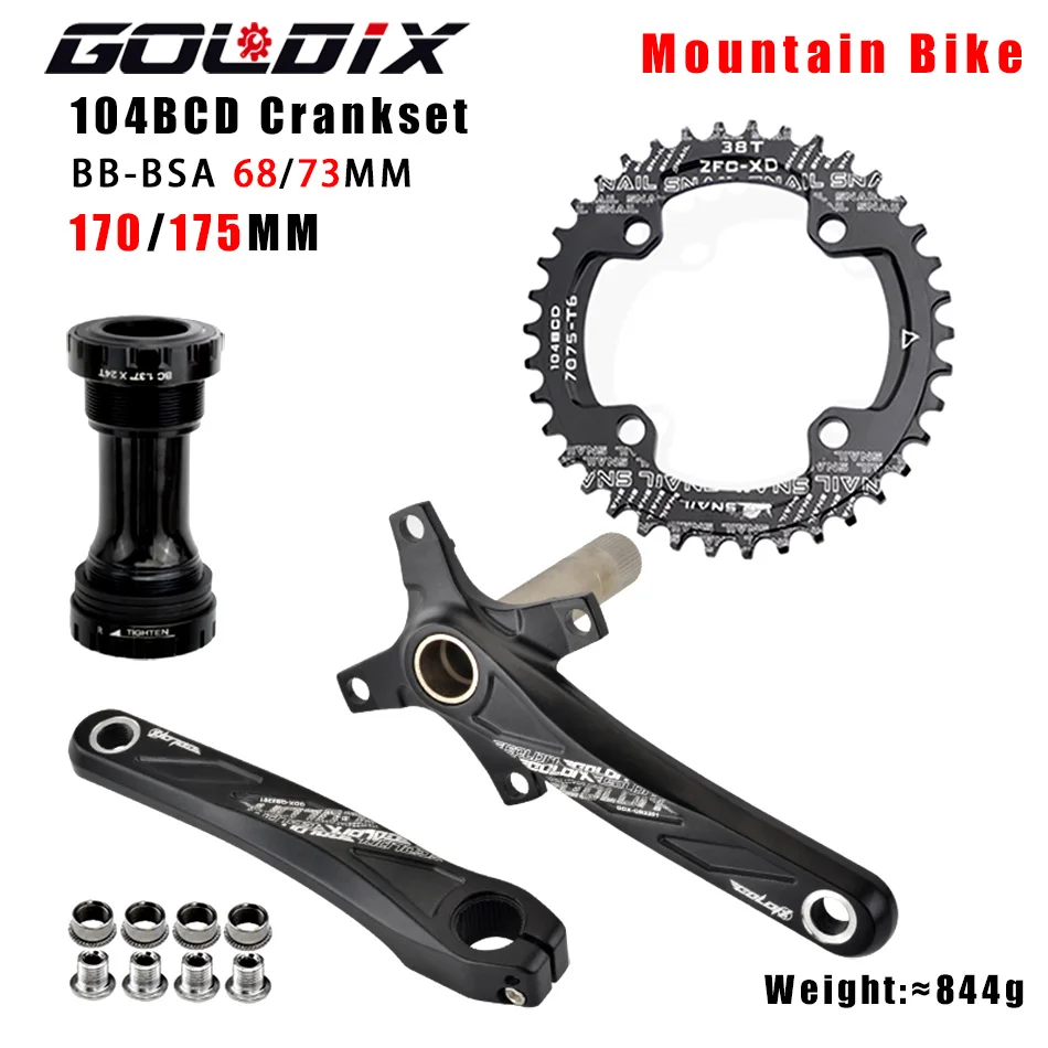 Goldix Bicycle Crank Reharing 104BCD MTB Bike Crank Hliníková zliatina s spodnou 170 mm kľukovou čiernou 32T 34T 36T 38T Plate
