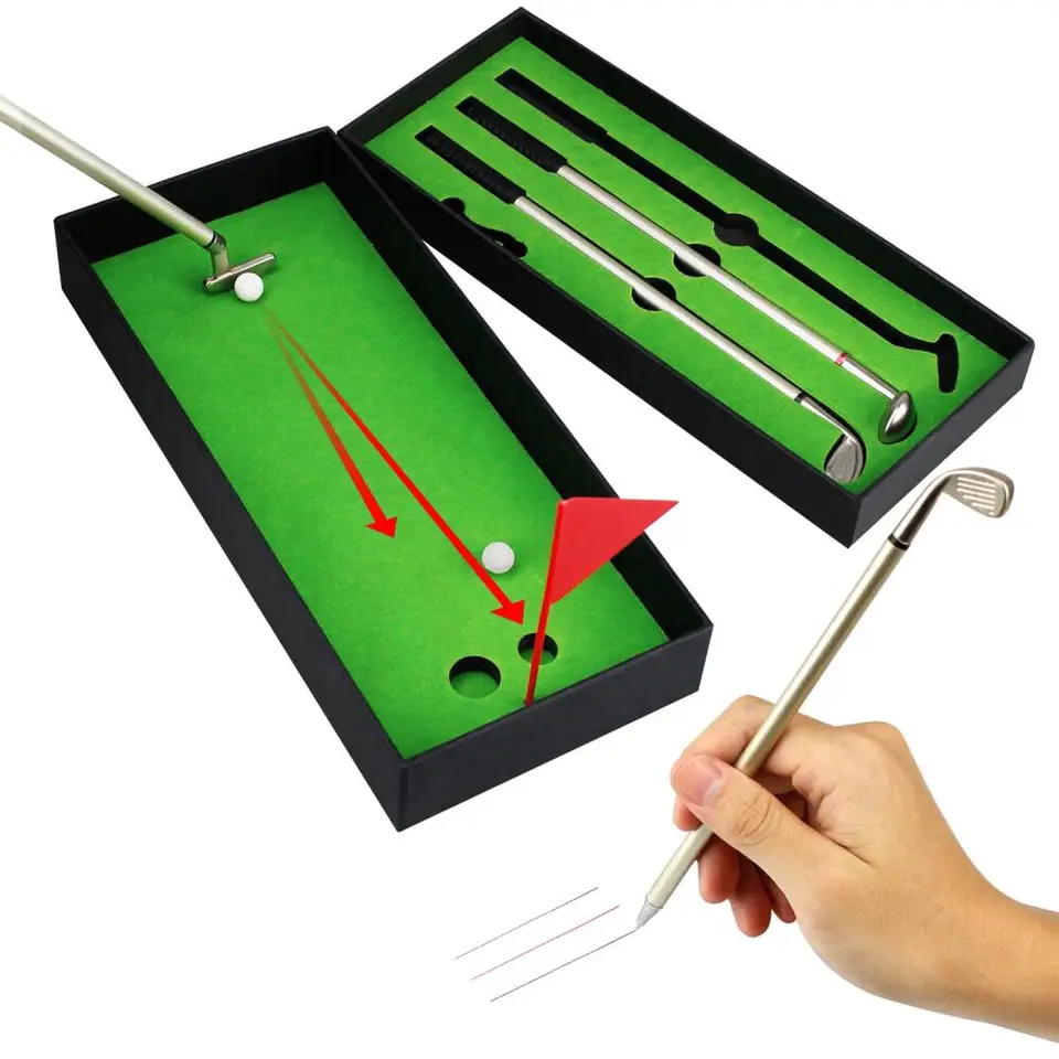 Golfové pero sada Mini Desktop Golf Ball Pen Darček zahŕňajú uvedenie zelených 3 klubov Pen Balls a Flag Desk Games
