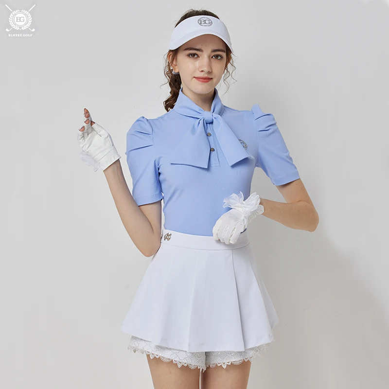 Golfové tričko blktee dámske tričko s krátkym rukávom Priedušné štíhle golf top móda bownot kravata dres letné dámy šortky sukňa