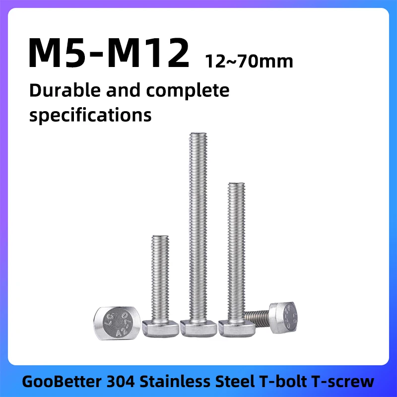 Goobetter 1 ~ 2pcs T-skrutka M5 M6 M8 M10 M12 304 Nerezová oceľ T-Slot Drop-in skrutka kladiva T stopy pre drevené prípravky