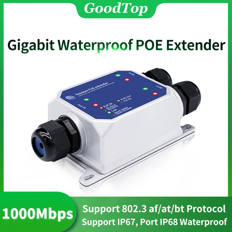 Goodtop 3 Port Gigabit Poe Extender Outdoor IP67 nepremokavý 1 až 2 1 000 m Poe opakovač IEEE802.3AF/AT/BT Plug & Play 48V 120W