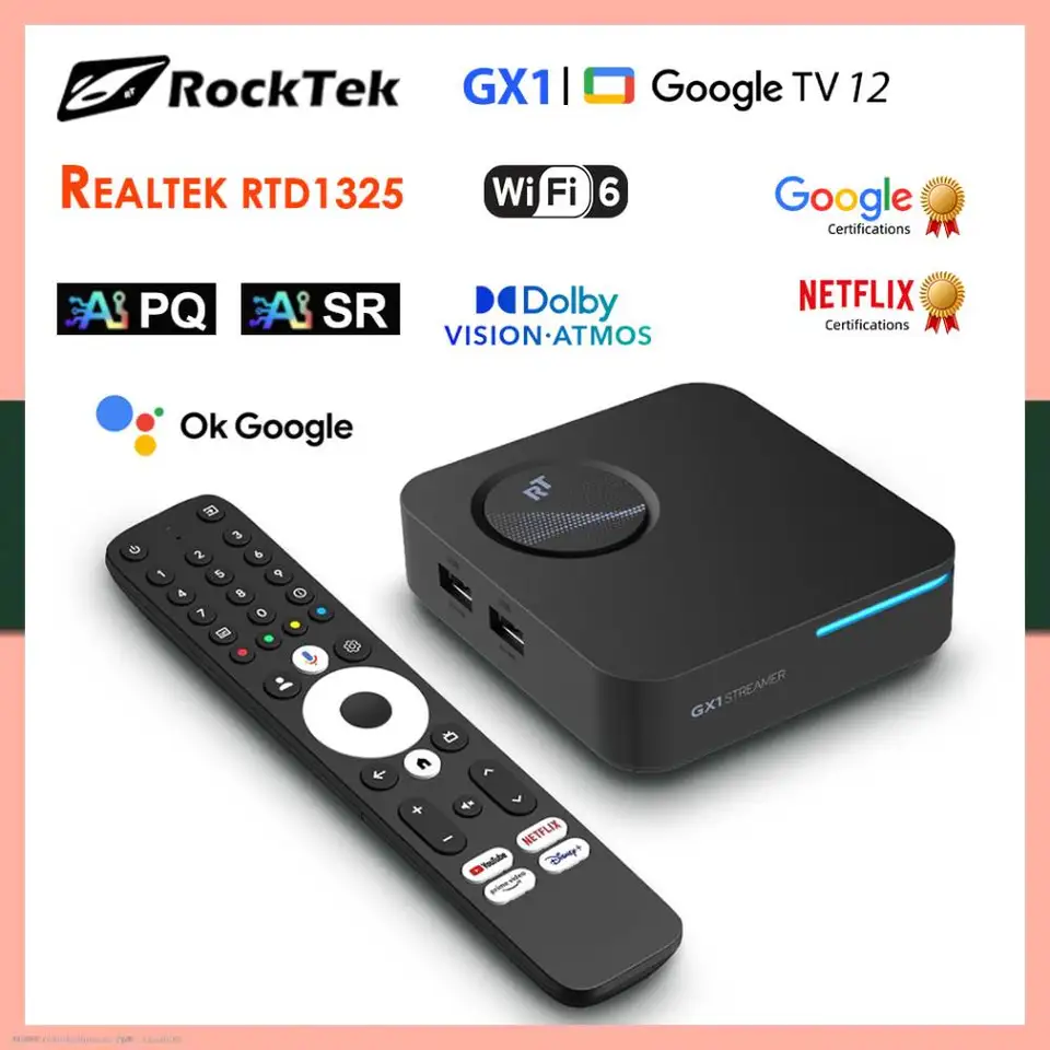 Google TV 12 Box Netflix Google Certified Rocktek GX1 UHD Realtek1325 A55 Edge AI Podpora Dolby Atmos Vision 2T2R Android TV box