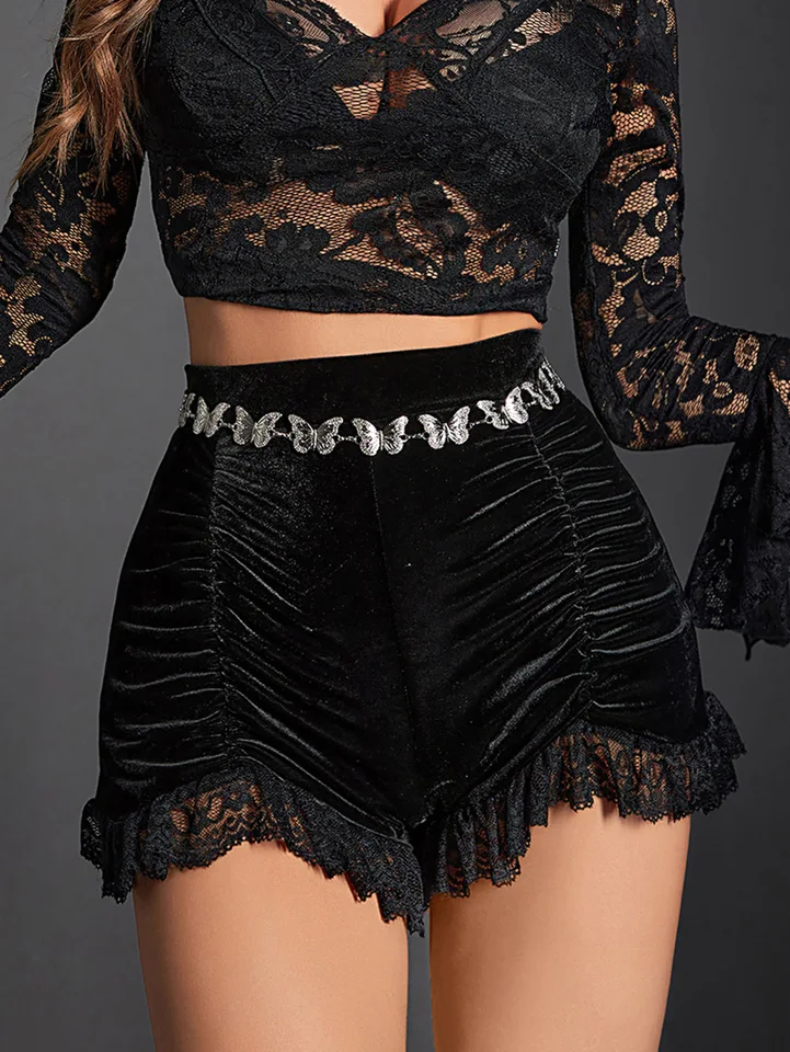 Goth Dark Mall Gothic Velvet Ruched Sexy Shorts Sukne sukne e-dievča grunge s vysokým pásom Skinny dno dna ženy čipka na jeseň alt oblečenie alt