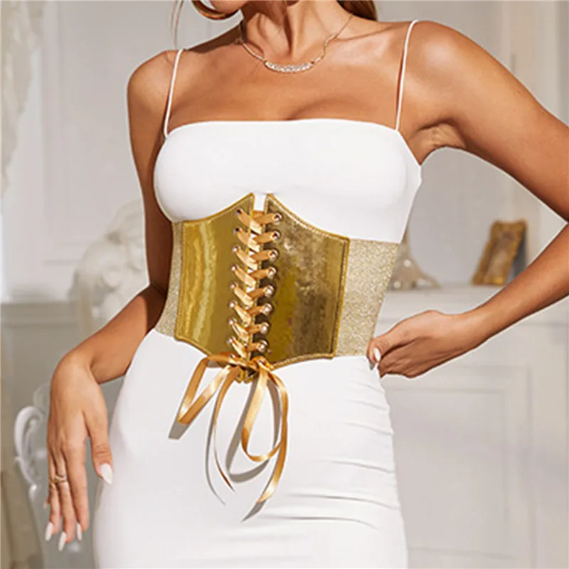 Goth Gothic Clothing Underbust Corzet Women Basty Elastické široké svetlé kožené zlaté korzety pre tréner