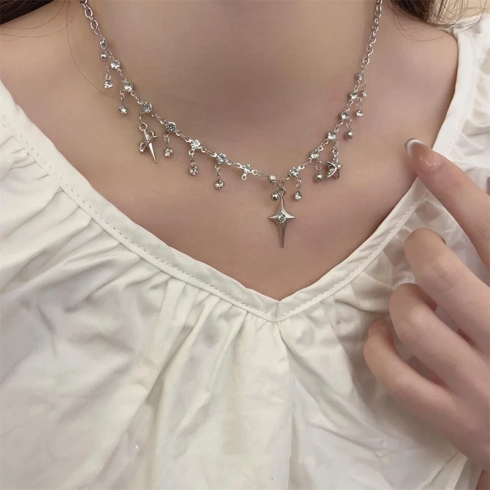 Goth Harajuku Crystal Cross Star Tassel Pendant Náhrdelník pre ženy módne estetické kúzlo estetické y2k emo šperky doplnky