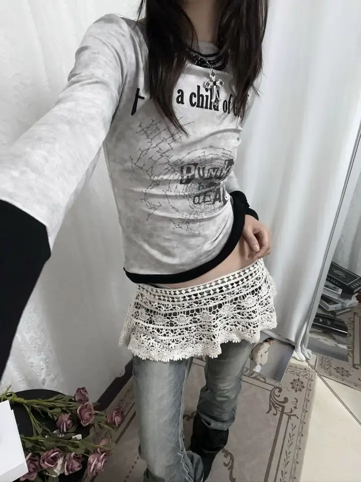 Goth punk ženy top tričko sexy z ramena dlhé rukávy kríž vintage 90. roky mládež blúzky Žena y2k estetická trubica trubice štíhle