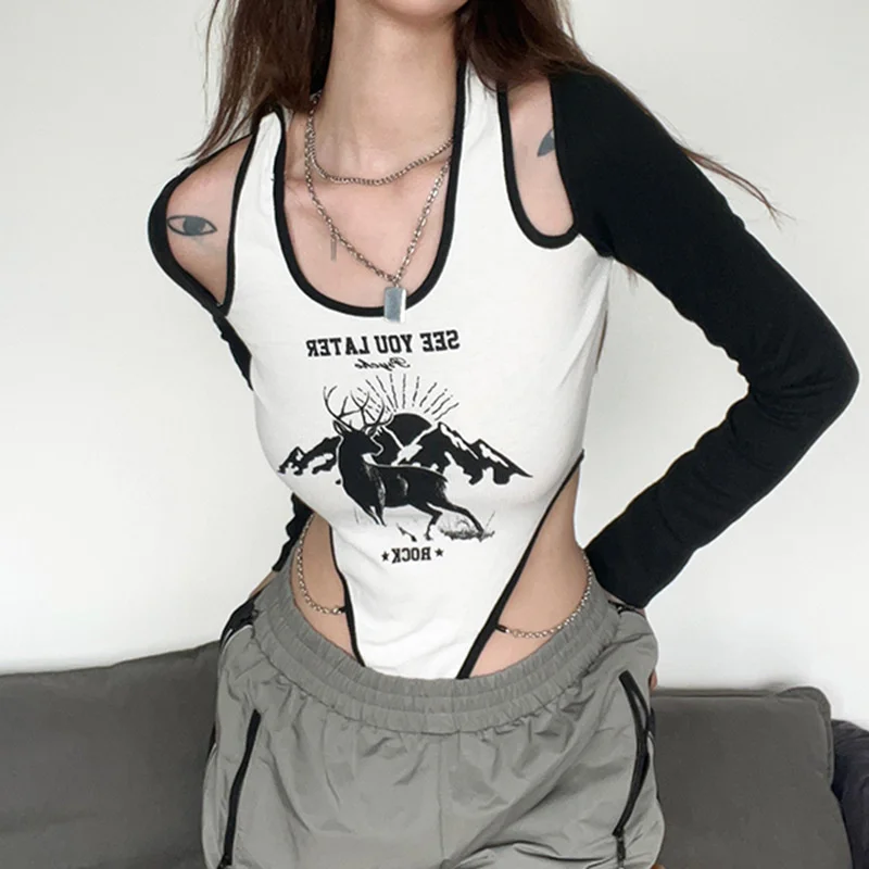 Goth Techwear Y2K Punk Ženy Sexy BodySuit Mall Gothic Cargo Black Buckle Patchwork Alt Clothes Case Out Tlated Streetwear