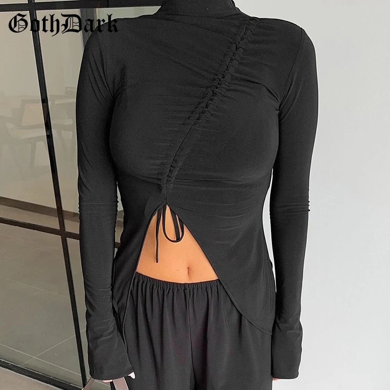 Goth tmavý polovičný vysoký krk štíhly pullover vrcholy Ženy Elegantné móda nepravidelné tričká s výťahom Cyber ​​Y2K Streetwear Alt Tričko Alt