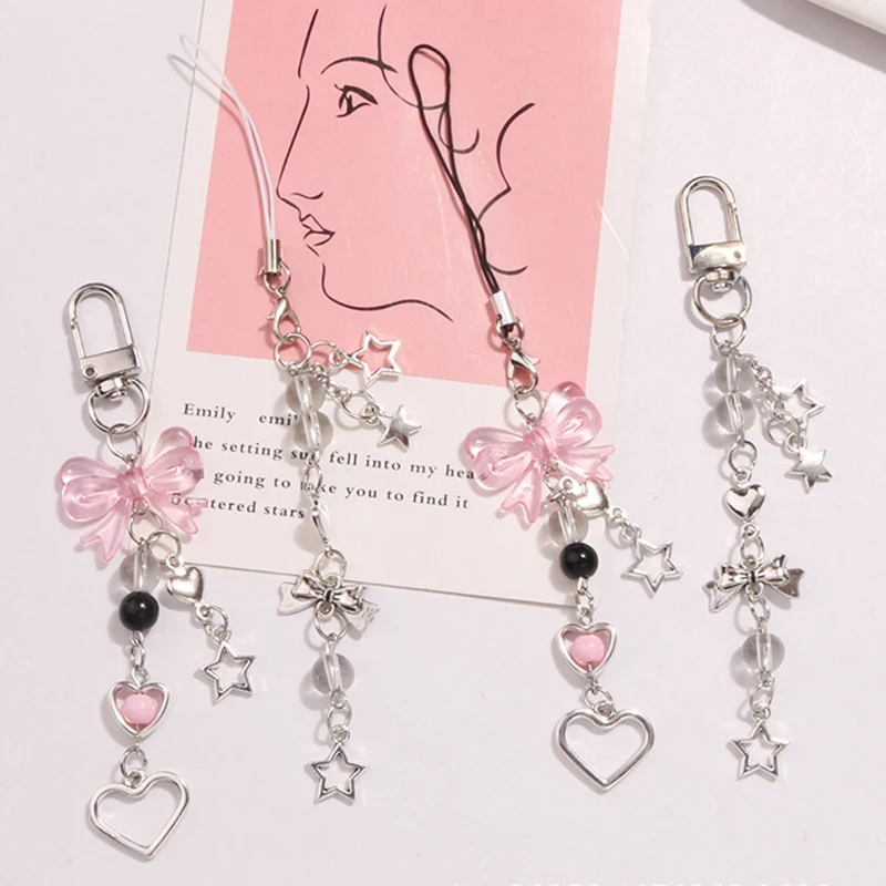 Goth y2k Telefón kúzlo luk, srdcová hviezda Keychain prívesok Kawaii Key Chain Bag Retiar Telefón Reťaz roztomilý doplnok pre dievčatá Dámske šperky