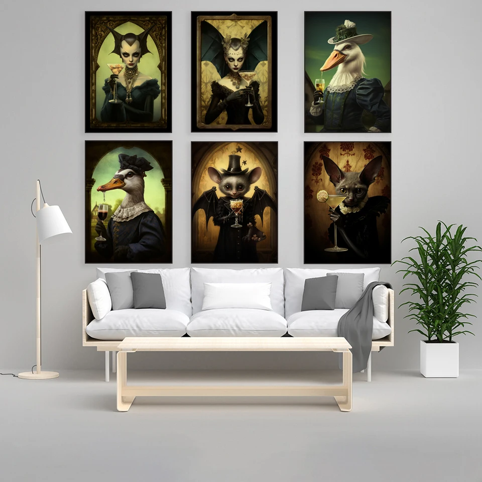 Gothic Bat Art, Duck, Martini Print, Vintage Barok Renaissance Vampire Decoration, Dark Academic Painting, Gotický plagát