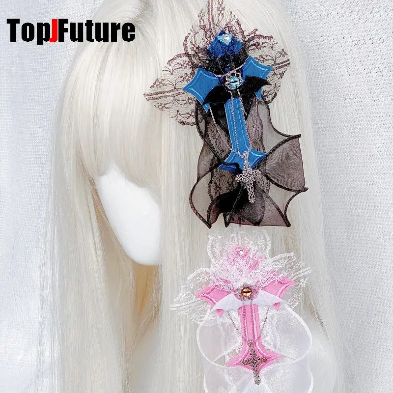 Gothic harajuku y2k dievča Dark Punk Subkultúra Veľká krížová luk modrá ružová lolita rufles hrandový klip čelenka Hairgrips Clip Clip