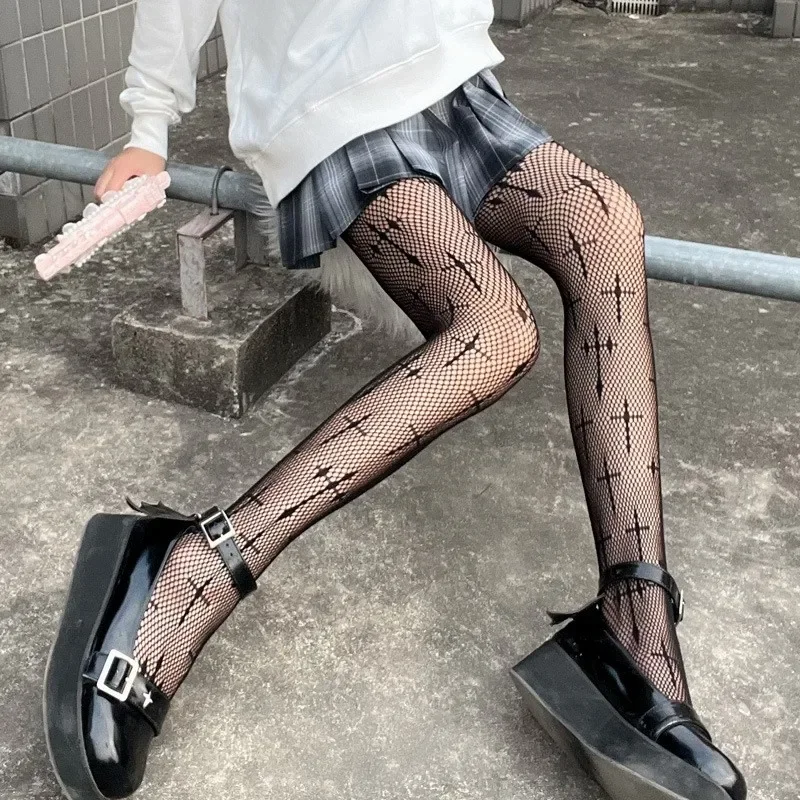 Gotická lolita dievčatá Crux tlačové pančuchy cosplay mesh nylon dlhé ponožky Ženy sexy párty tela pančuchy kostýmy rybárske pančucháče