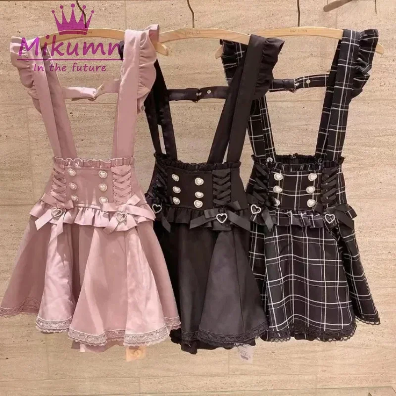 Gotická lolita retro luk Pearl Buckle Ruffles Susender Sukne y2k japonské dievčatá sladké kawaii čipky mini sukne