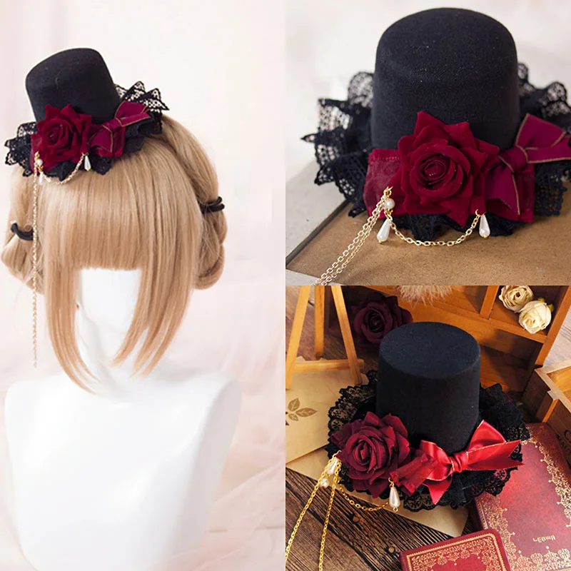 Gotická lolita topánok Tassel Rose Rose Cross Top Hat HavePin čelenka KC Gothic Hat Kairové doplnky
