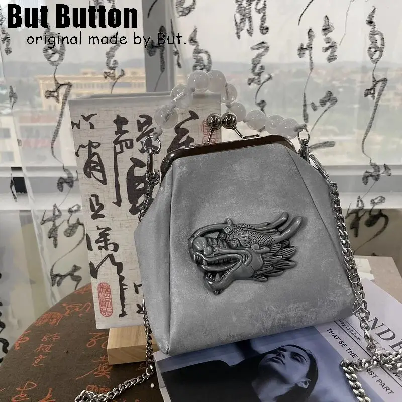 Gotická lolita y2k retro štýl Dark Fashion School Bag Teenager Nový čínsky štýl šedá korálka kabelka naklonená vrecká na rameno