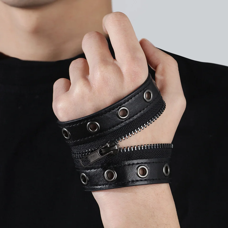 Gotická nastaviteľná 6 cm šírka kožený náramok zips punk nit nit náramky náramky náramok náramok Men muž módny doplnok