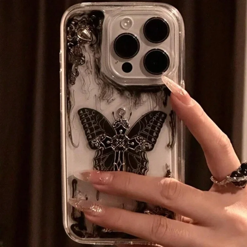 Gotická tmavo čierna 3D motýľový kríž epoxidový puzdro pre iPhone 16 15 14 13 12 11 pro max