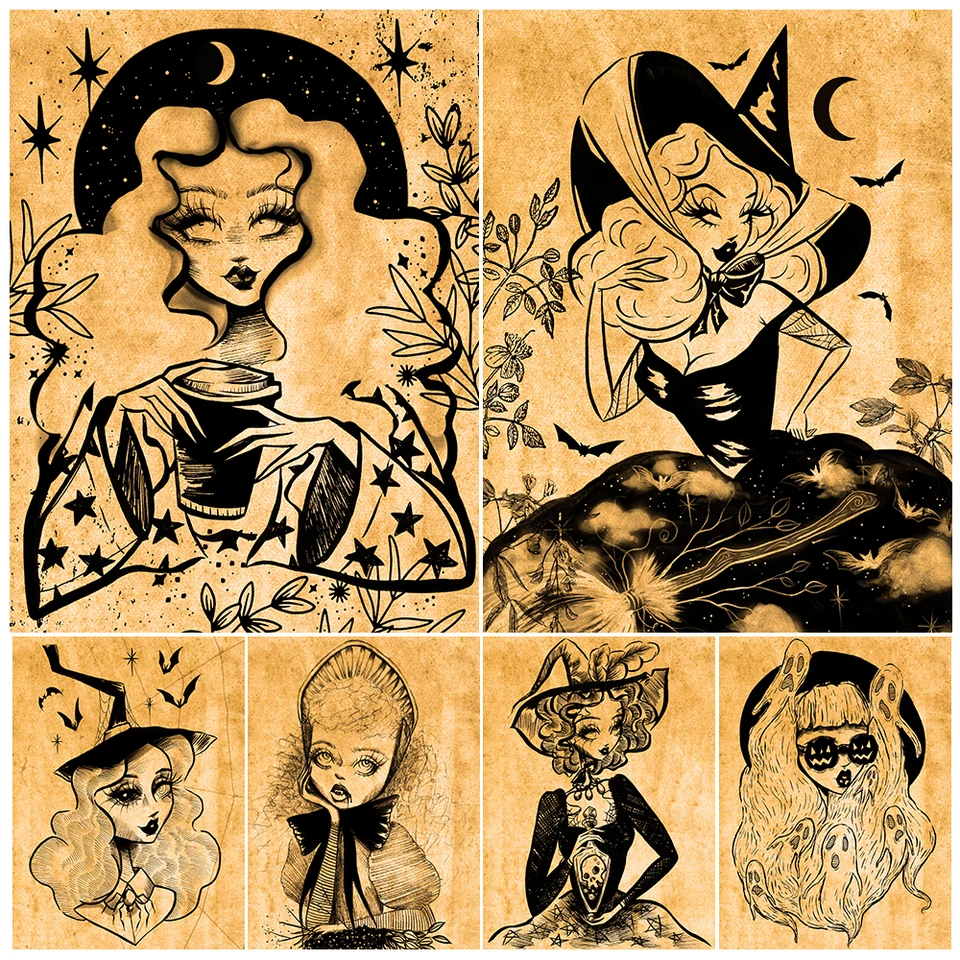 Gotická čarodejnica Lady vintage múry umenie maľba