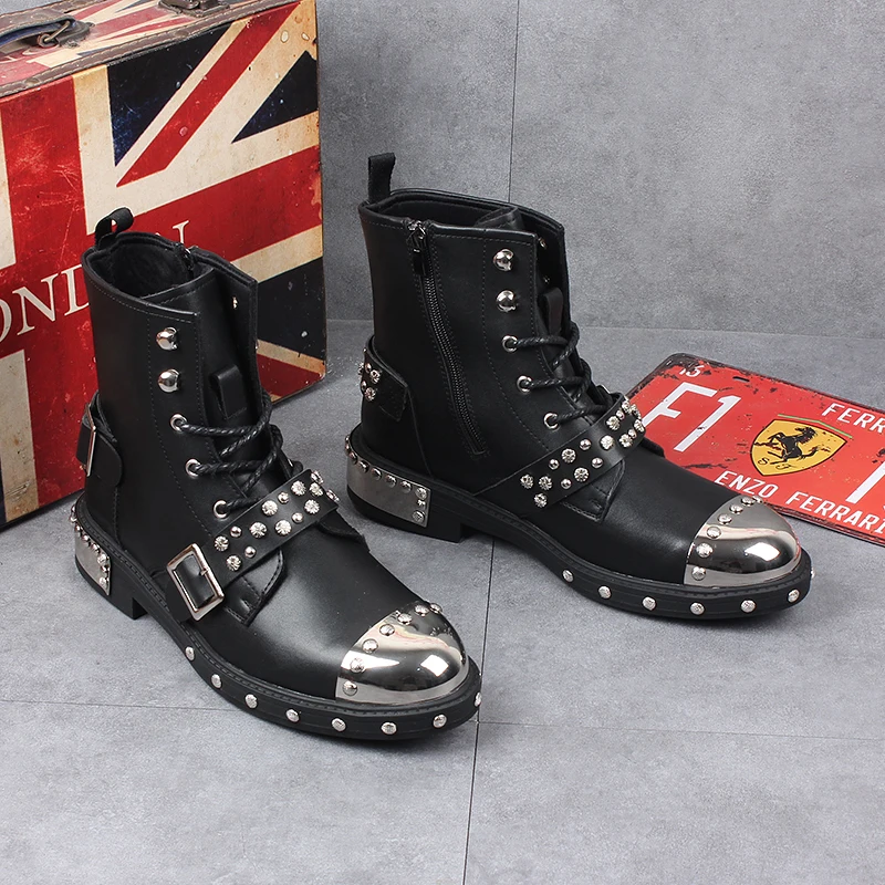 gotické punkové šaty kravské kožené topánky pre mužov Príležitostné nitovacie topánky Lace-up platforma topánka motocykla botas maskulinas zapatos hombre