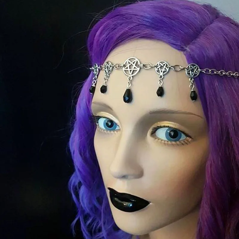Gotický pentagram hlava reťazec čarodejnícky punk viacvrstvový sprievodca čierny krištáľový vlasový pások Ornament Goth Halloween Accessories VGH032