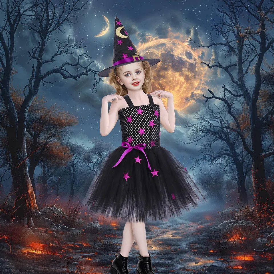 Gotický čierny čarodejnícky kostým pre dievčatá hviezda a mesiac Halloween outfit s klobúkom Kids cosplay faly oblečenie tutu šaty detské oblečenie