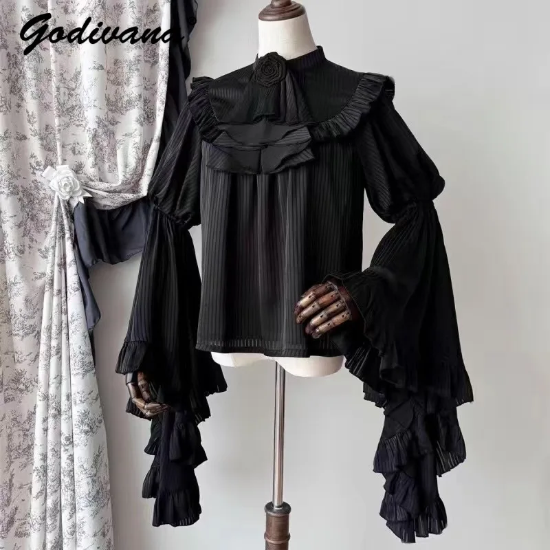 Gotický štýl Nová jarná a jesenná dámska Lolita Ji rukáve Vnútorné tričko Retro čierna a biela halloween blúzka voľné Blusas