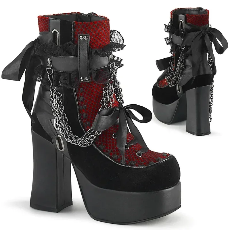 Gotický štýl retiazka Lace Up Bow Women Short Boots Retro Round Toe Square päta chunky Platforma členok topánky punk dámske topánky Party