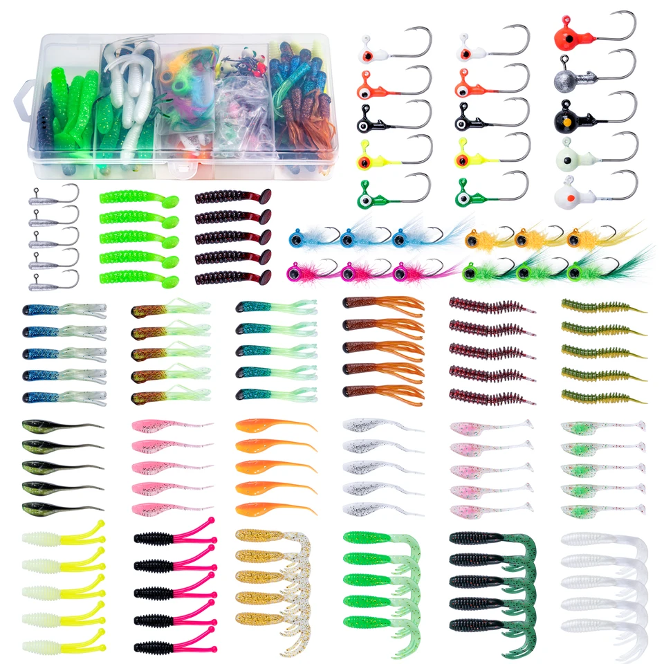 Goture 126/128/132 PCS Crappie Tube Baits Set s prípravnými hlavami Háčiky Plastové červy mäkké plastové návnady Sada pstruhov Rybolov