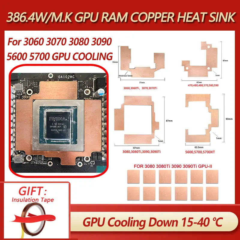 GPU RAM medený chladič pre chladič pamäť Miner RTX 3060 3070 3080 3090 /5600 5700 GPU Chladenie GPU dole 15-40 stupňa tepelnej podložky