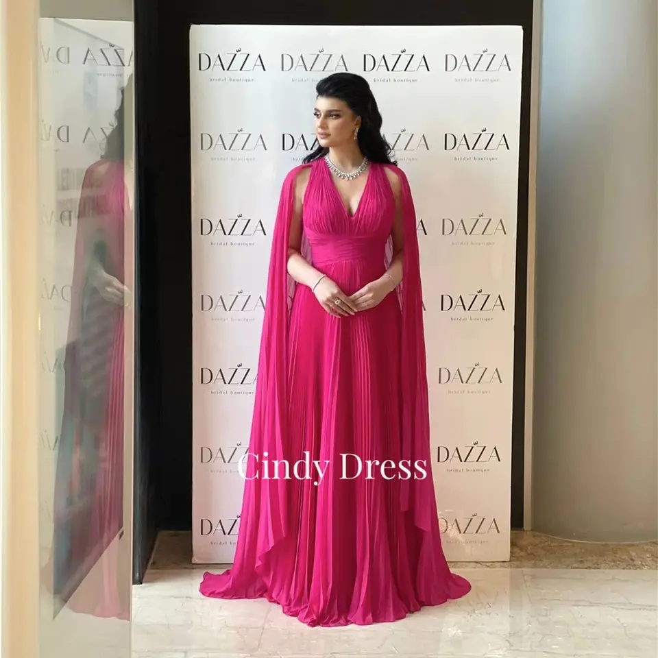 Grace Rose Red Saudská Arábia Cindy V-Neck Chiffon Shawl Elegantné luxusné večerné šaty 2024 Dubaj Ball Gowns Šaty