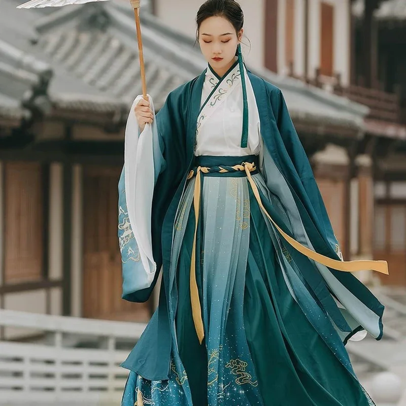 Gradient Green Elk Embroidery Ženy Hanfu oblečenie Tradičné hanfu set čínske šaty karneval cos kostým