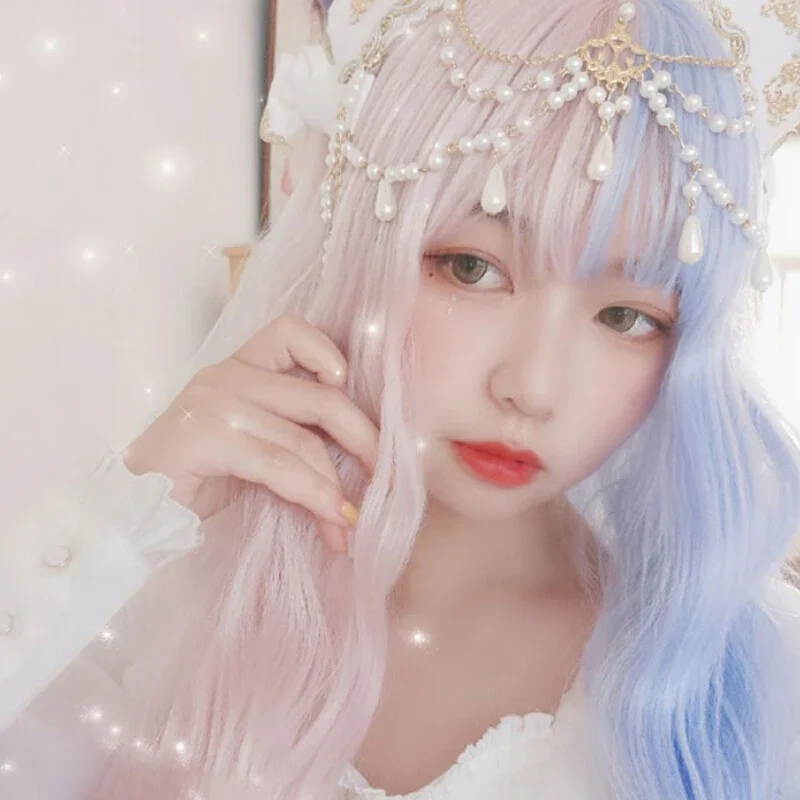 Gradientná rampa Champagne Blue Lolita Cosplay parochňu Girl Eachester tupo rany Rovné vlasy Pigtail čiapka Vlasy Periwig Only Halloween