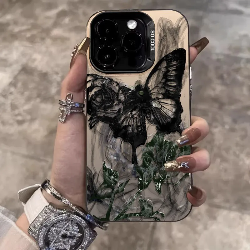 Graffiti čierny motýľový nárazový puzdro pre iPhone 16 13 14 12 11 15 Pro Max Módne puzdro pre 7+ 8+ xr xsmax