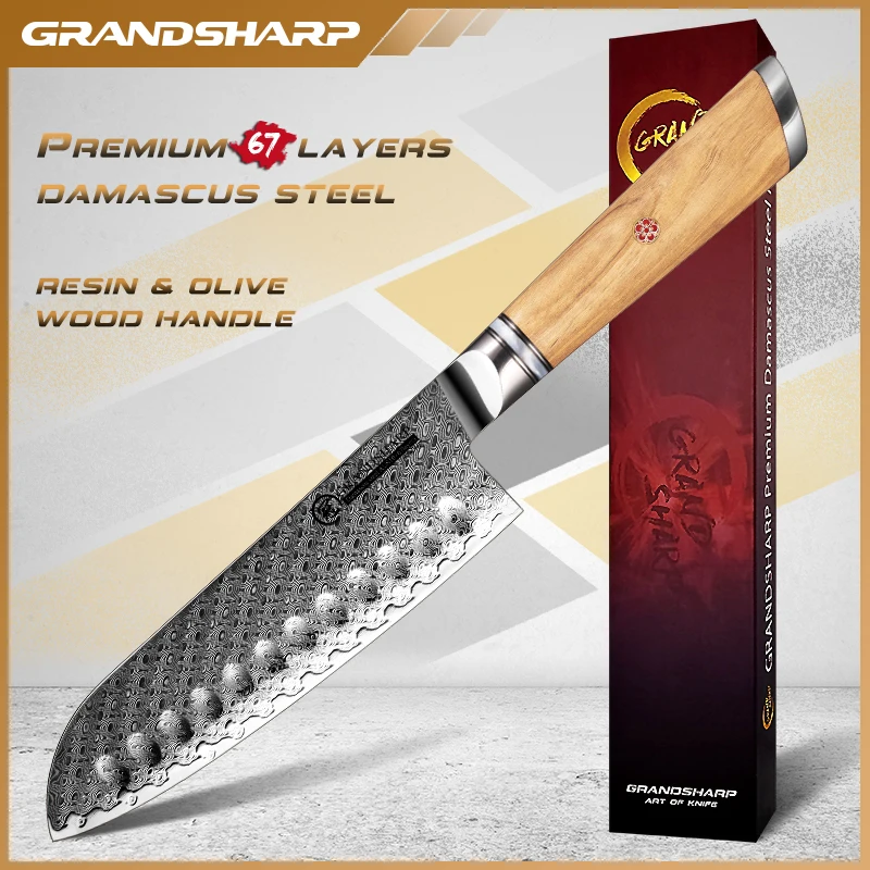 Grandsharp japonské kuchynské nože santoku nôž 7 palcov AUS-10 damascus oceľové olivové drevo rukoväť Kuchynské nože