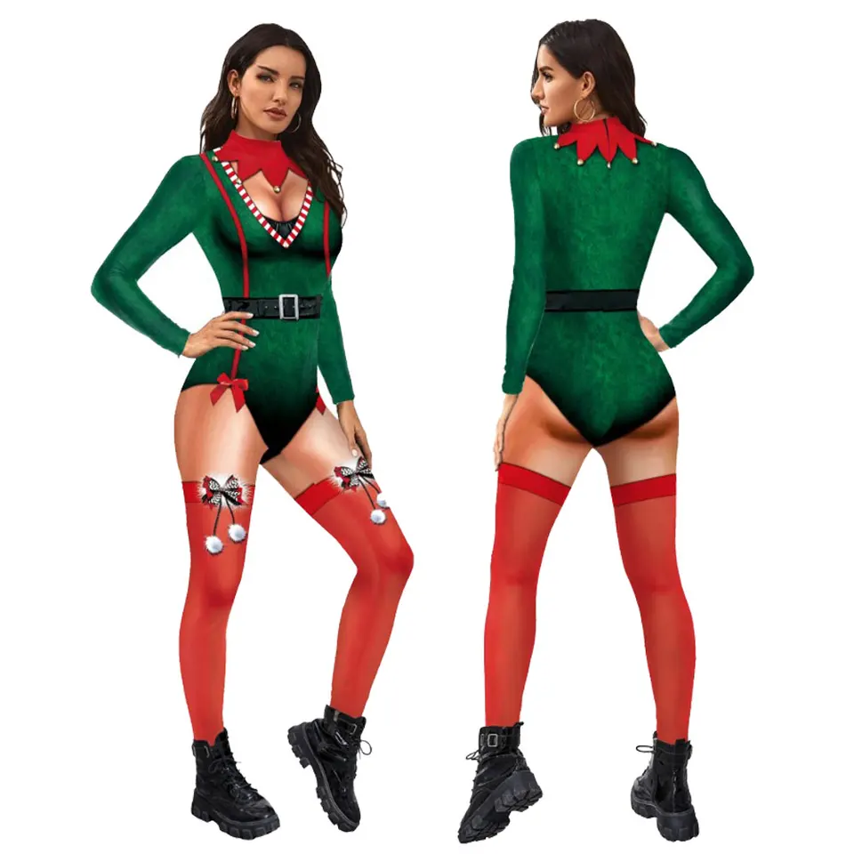 Green Little People kombinéza spandex elastický bodysuit vianočné elf tlač cosplay kostýmy Party Skinny Zentai pódium výkon