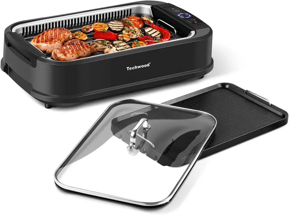 Grill, Techwood 1500W Smokeless Electric Grill s 2 in1 nelepivých grilových/mriežkových platničiek, prenosný kórejský gril gril s 6