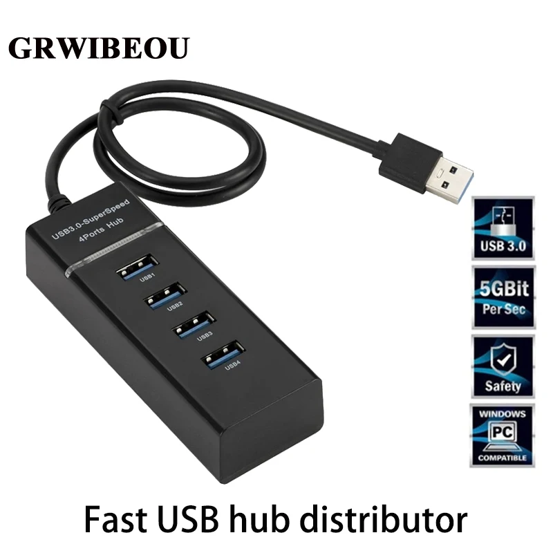 Grwibeou 4 porty USB 2.0 3,0 Hub Splitter vysokorýchlostný náboj vysokorýchlostný viacnásobný expanzia pre stolný počítačový adaptér Adapter Hub