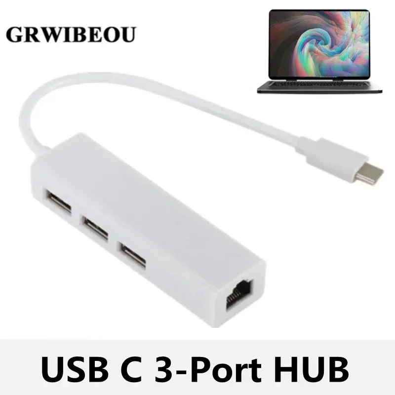 Grwibeou Hub 3 Porty Typ C až USB Hub Support Ethernet LAN RJ45 KABELOVÝ ADAPTER Sieťová karta USB 3.1 2.0 Adaptér prenosu údajov