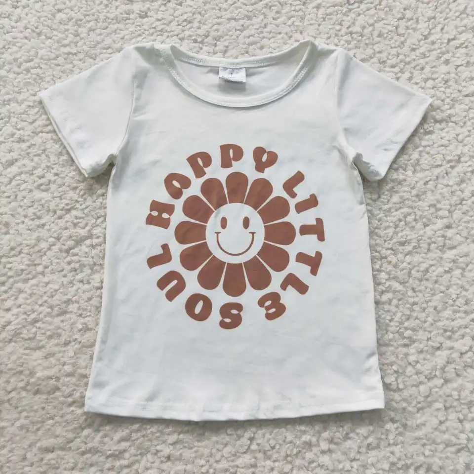 GT0222 Baby Todder Girls Top Soul Flower Biela tlač s krátkym rukávom tričko Boutique Detské oblečenie Veľkoobchod