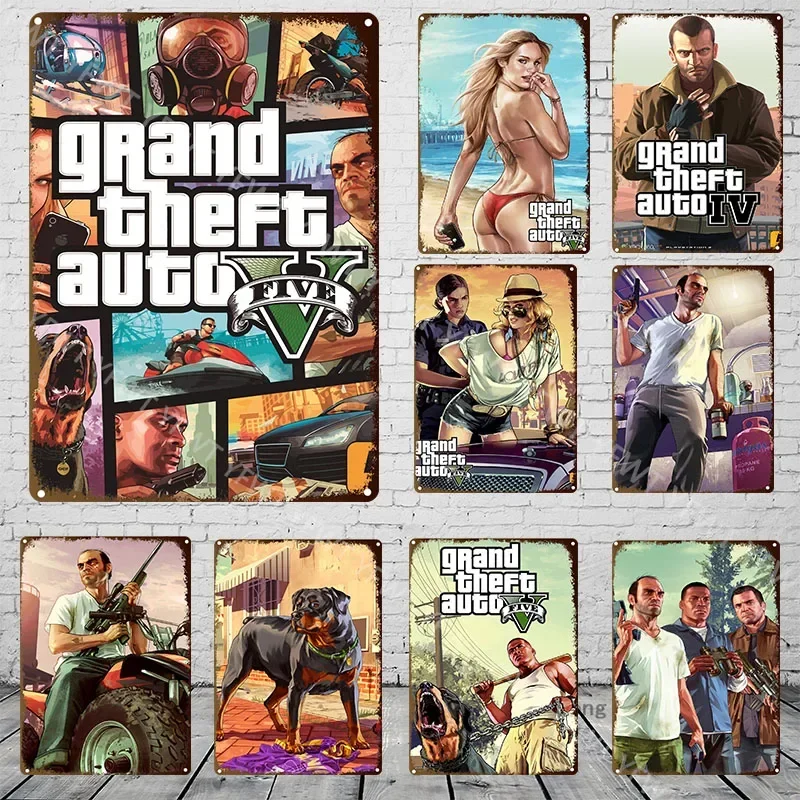 GTA 5 Hra kovová cínová značka Plagát Domáca dekorácia retro veľké kraftpaperstyle nástenné plagáty vintage internetová kaviareň herňa výzdoba