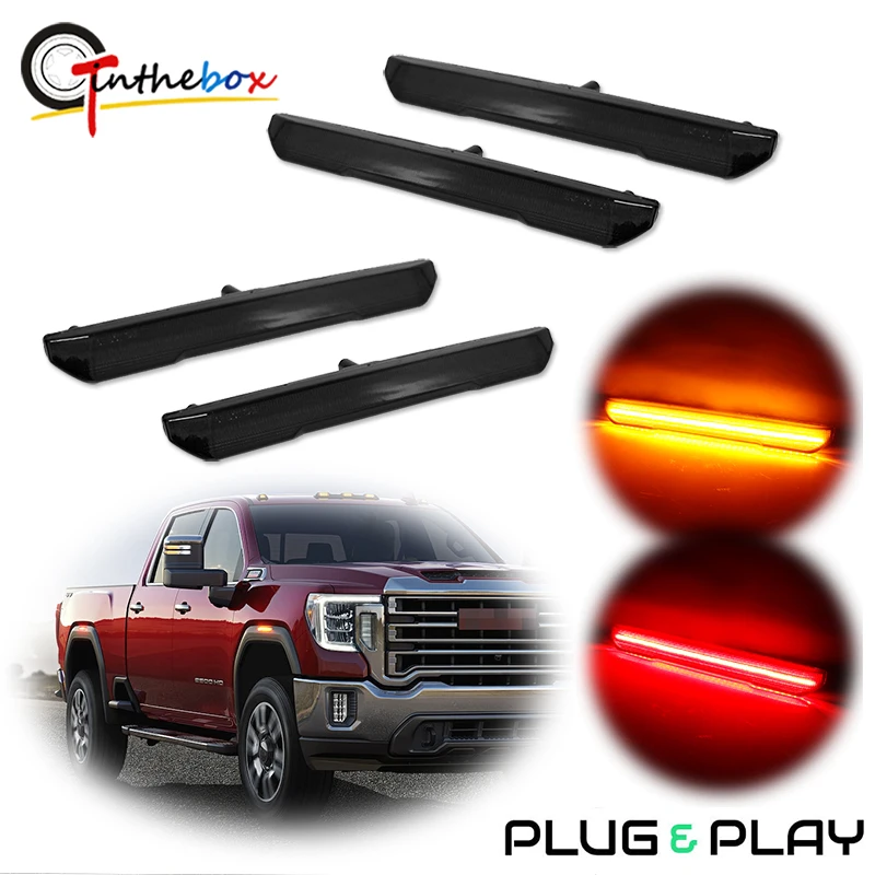 Gtinthebox predné jantárové/biele zadné červené LED nárazník bočné svetlá pre 2020-2022 GMC Sierra 2500HD a 3500HD Fender Fender Flera Lamps