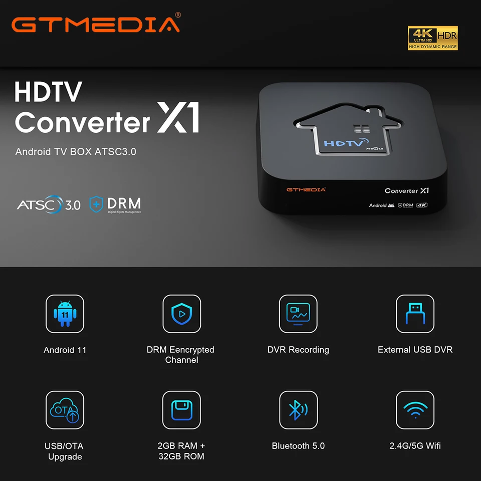 GTMEDIA HDTV Converter X1 Android 11 4K HD TV Box 2+32 GB Podpora ATSC3.0/ATSC1.0 Digitálny pozemský signál ATSC3.0 DRM kanál DRM