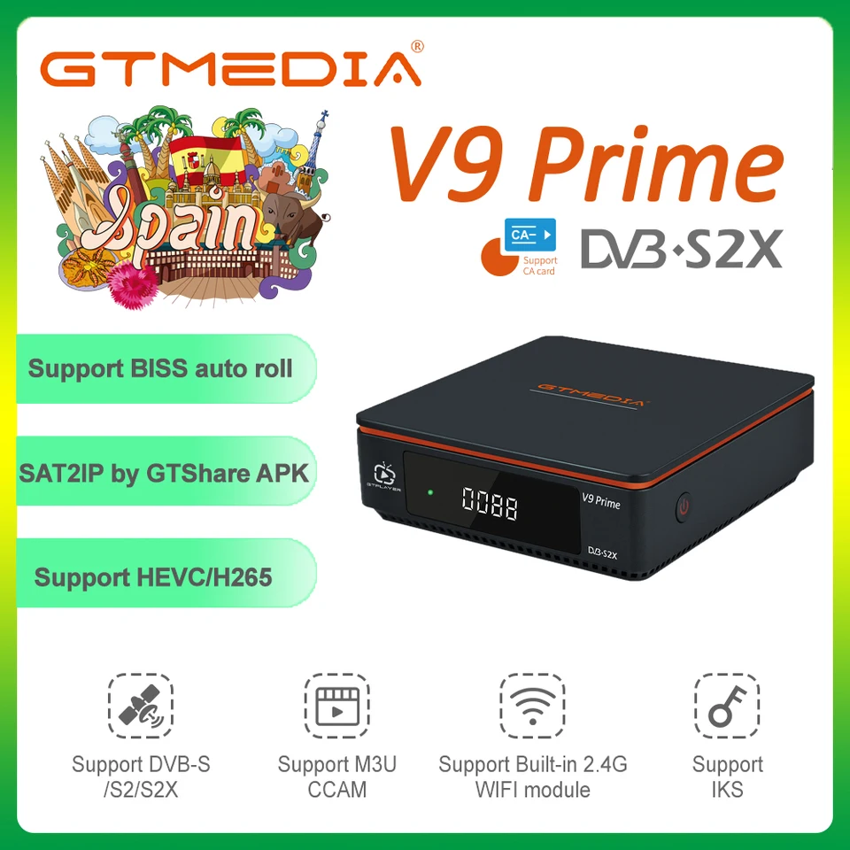GTMedia V9 Prime Mars Satellite Regesiver Support DVB-S/S2/S2X VCM/ACM/MULTI-STREAM/T2-MI HEVC Vstavané 2,4G WIFI V9
