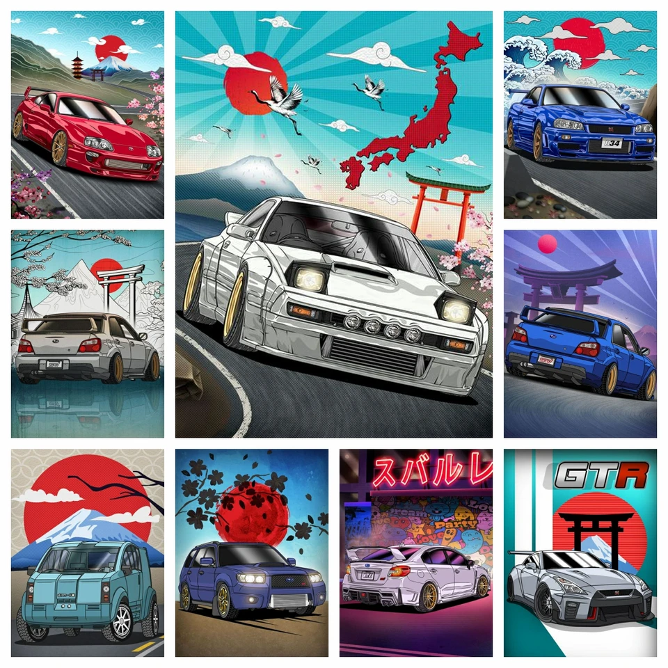 GTR R33 R34 JDM Cars 5D DIY Diamond Painting World Famous Sports Cross Cross Stitch Mosaic Shinestones Domov Darček Darček