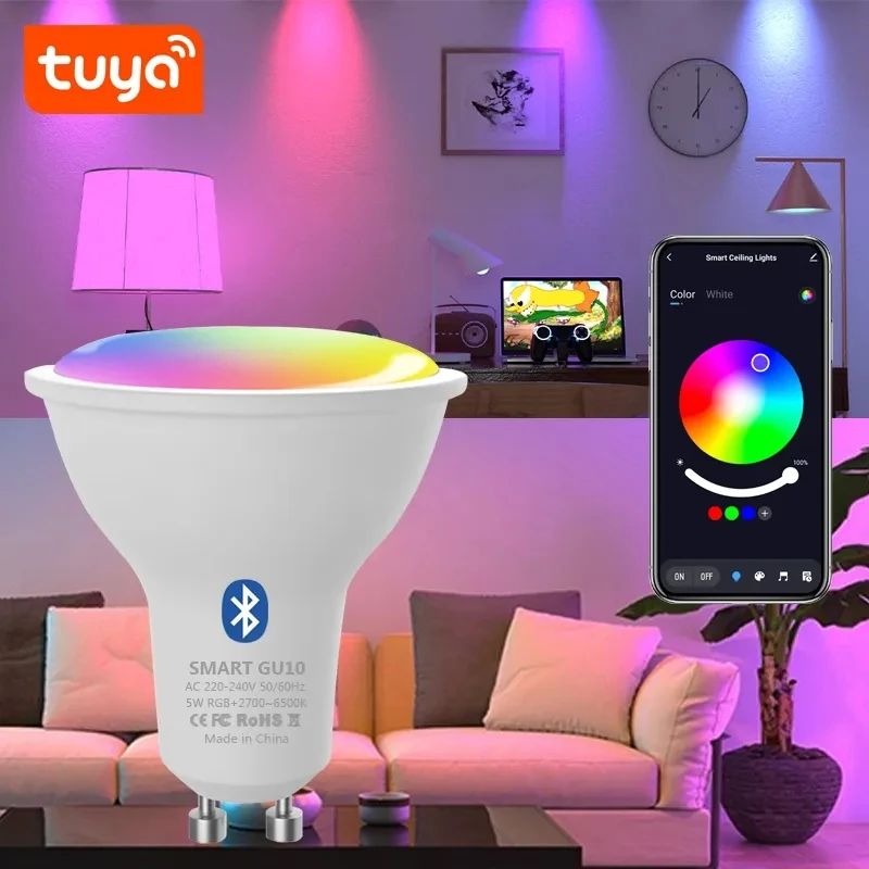 GU10 Bluetooth Lamp TUYA inteligentná žiarovka RGB 220V LED žiarovky Smart LED žiarovka ovládacia žiarovka 9W Stlmiteľná pre izbu domáci dekor