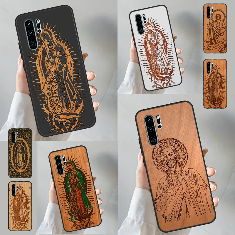 Guadalupe San Judas Wood Case pre Huawei Nova Y61 Y91 Y60 Y70 Y90 5T 9 10 SE 7i 8i 11i 11 Pro P20 P20 P30 P40 Lite Cover