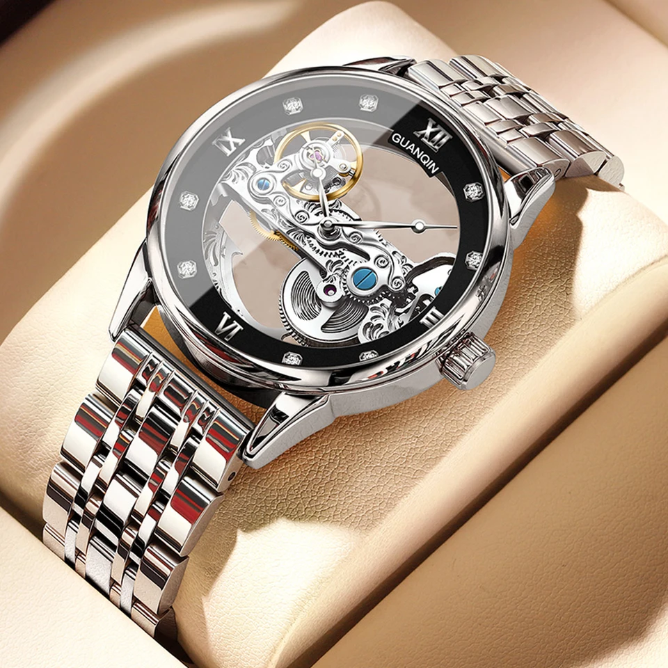 Guanqin Pánske hodinky Top značka Luxusné automatické hodinky pre mužov Mechanické hodinky z nerezovej dutej pánskeho náramkového hodinky Tourbillon
