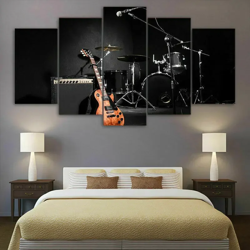 Guitar bubna hudobné nástroje sada plátno tlače maľba nástenné umenie domáce dekorácie izba dekor maľby 5 panelových obrázkov HD tlač