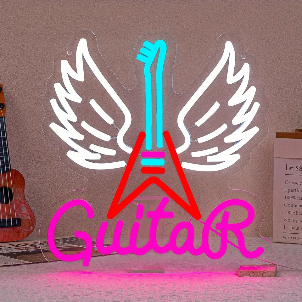 Guitar Neon Sign Guitar Angel Wing Neon Light USB Poháňaný pre hudobné štúdio Bar Live House Music Festival Festival Office Darček