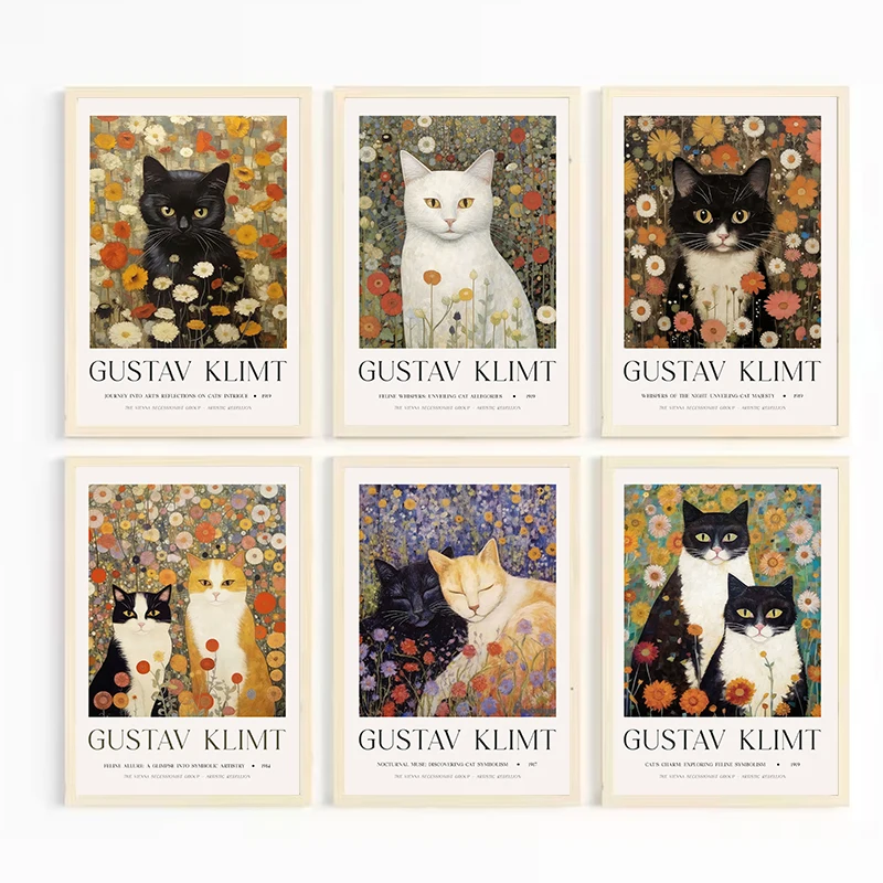 Gustav Klimt v štýle čierna mačka kvetinové výstavné plagáty a výtlačky plátno maľba nástenná mačka biela mačka Obrázok pre miestnosť